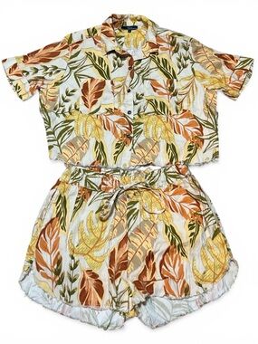 🌴 Shore Tropical Leaf Linen Blend Set – Size M – Good Condition 🌴